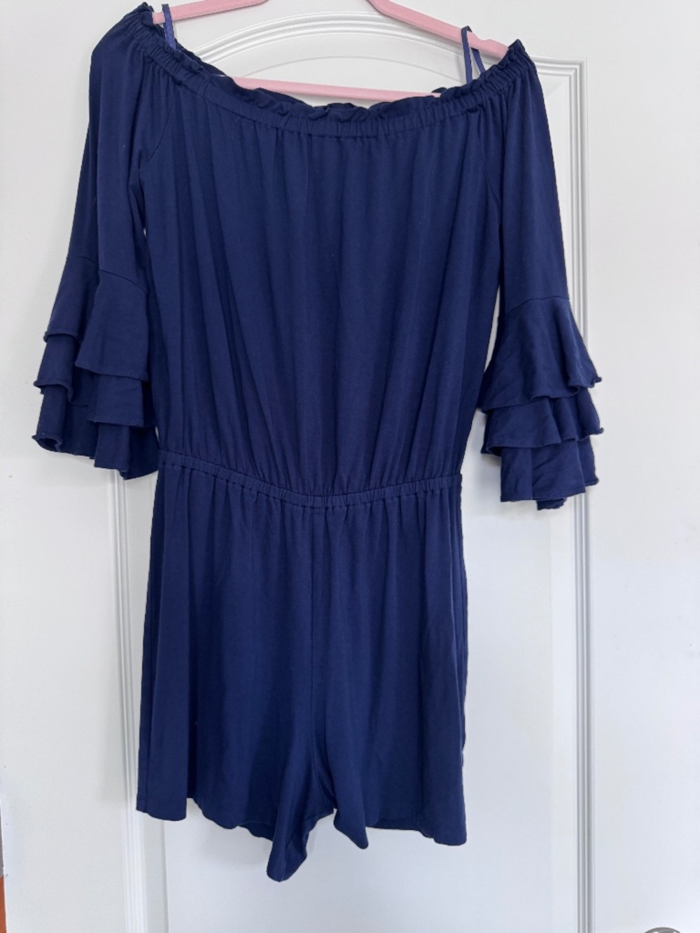 Lilly Pulitzer Navy Blue Off-the-Shoulder Ruffle Sleeve Romper Sz S